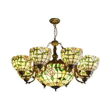 Vintage Stained Glass Chandelier - 8 Arm Industrial Pendant with Center Bowl - Ideal for Dining Room