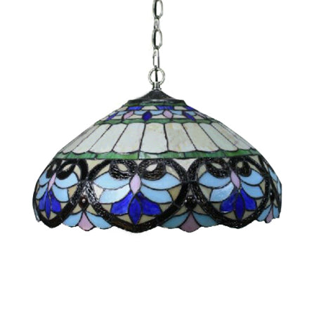 Tiffany Stained Glass Pendant Light with Flower Pattern - Purplish Blue Bowl Shade, 2 Lights