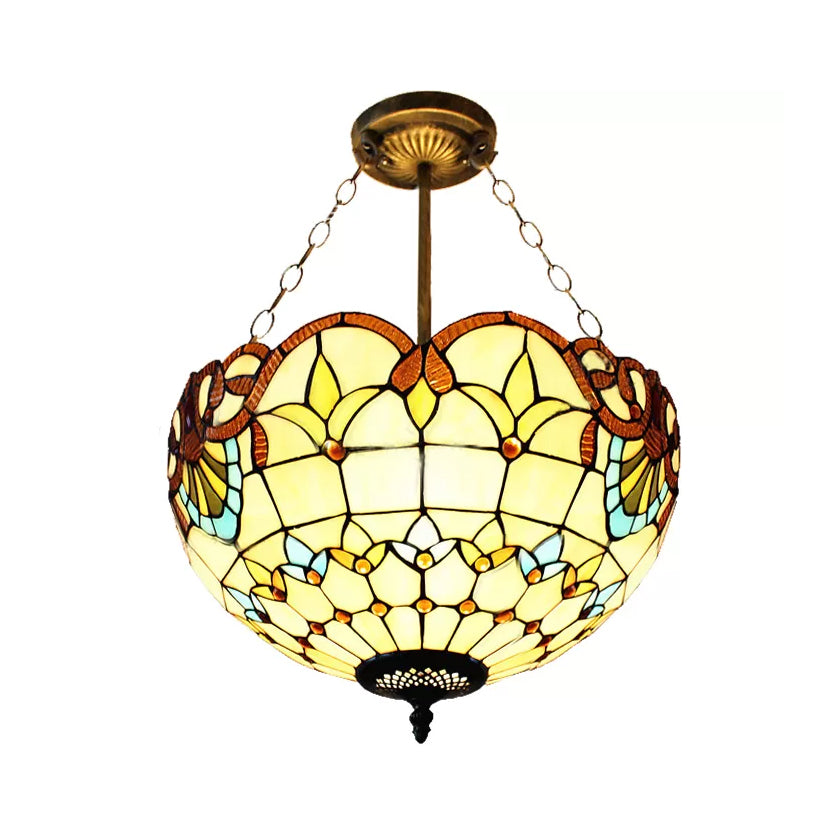 Victorian Style Upward Dome LED Ceiling Light with Stained Glass Shade for Bedroom