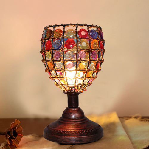 Colorful Stained Glass Bedside Table Lamp - Retro Style With Jewel Accent 1 Light Weathered Copper