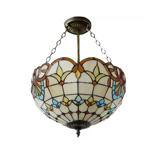 Victorian Style Upward Dome LED Ceiling Light with Stained Glass Shade for Bedroom