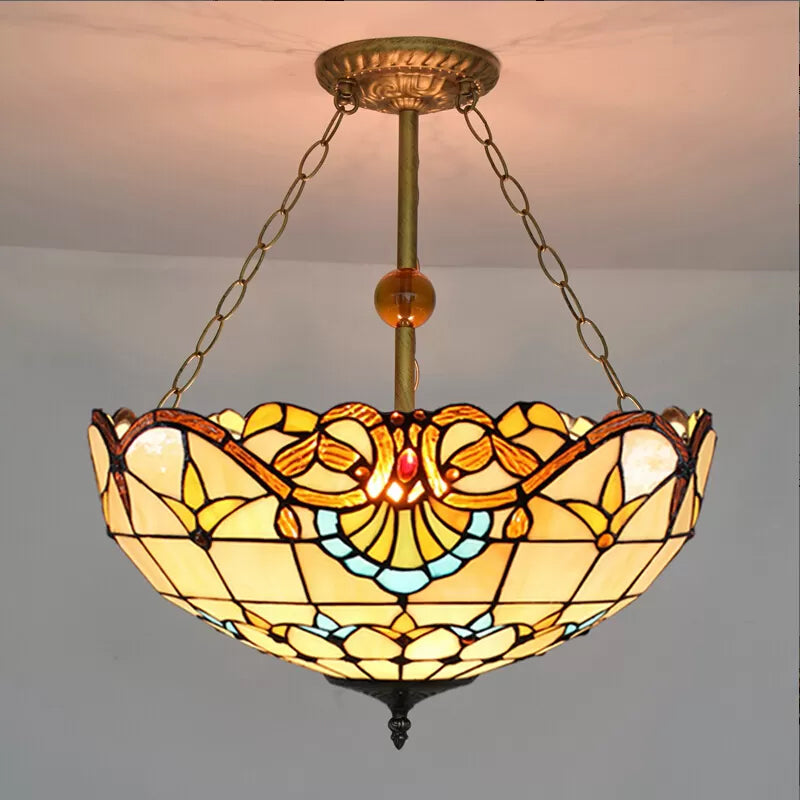 Victorian Style Upward Dome LED Ceiling Light with Stained Glass Shade for Bedroom