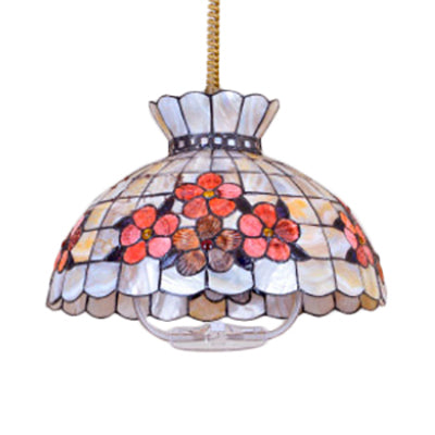 Tiffany Bowl Hanging Lamp Shell with Flower Pattern - Pink-Yellow 3-Head Ceiling Light Fixture