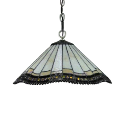 Tiffany-Style White Stained Glass Suspended Pendant Lamp with Tapered Down Lighting