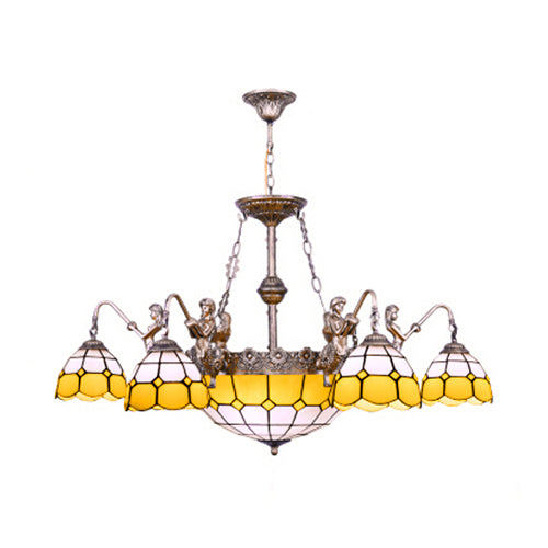 Tiffany Domed Stained Glass Chandelier Lamp - 9 Lights Pendant Lighting, Yellow - Dining Room