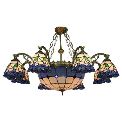 Vintage Stained Glass Chandelier With Blue Center Bowl Shade And 9 Flared Suspension Lights