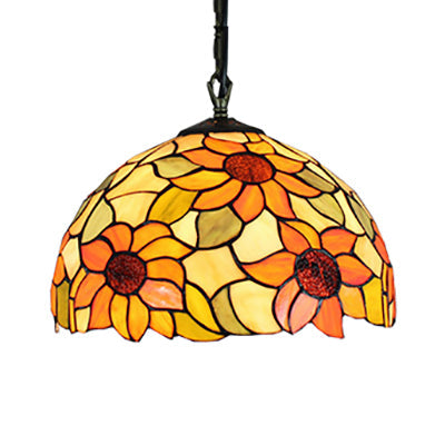 Tiffany-Style Black Hand Cut Glass Pendant Ceiling Light with Sunflower Pattern – 12"/16" Wide Domed Hanging Lamp – 1 Bulb [Choose from A/B/C/D]