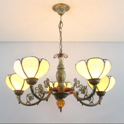 Country Stained Glass Pendant Chandelier with 5-Light Bowl Fixture for Living Room