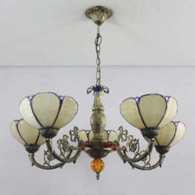 Country Stained Glass Pendant Chandelier with 5-Light Bowl Fixture for Living Room