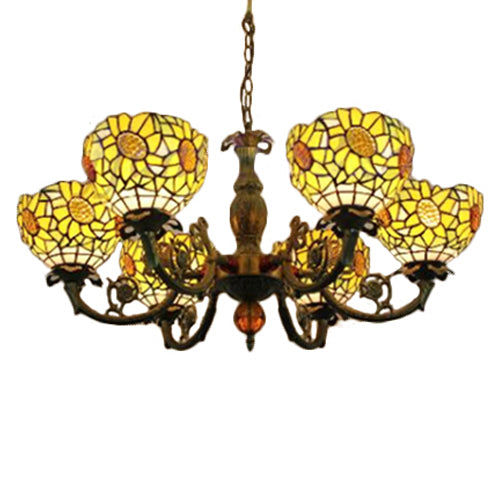 Tiffany Style Stained Glass Sunflower Chandelier With 6 Lights - Bedroom Lighting Beige