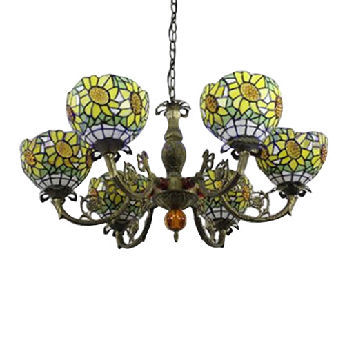 Sunflower Tiffany Style Stained Glass Chandelier: 6-Light Hanging Light for Bedroom