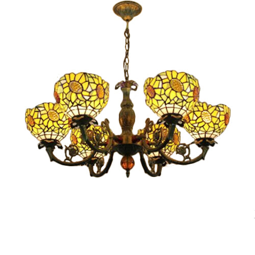 Sunflower Tiffany Style Stained Glass Chandelier: 6-Light Hanging Light for Bedroom