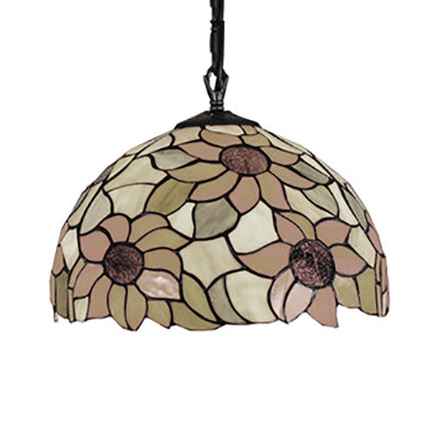 Tiffany-Style Sunflower Pattern Dome Pendant Ceiling Light - Hand Cut Glass 12/16 1 Bulb Black