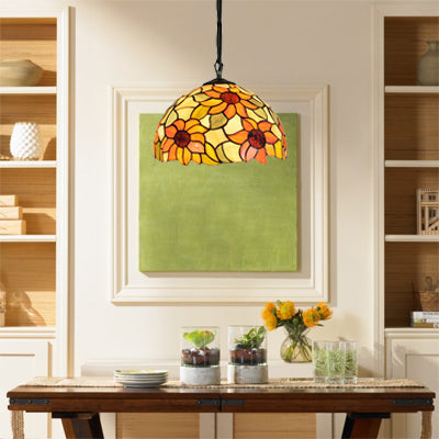 Tiffany-Style Sunflower Pattern Dome Pendant Ceiling Light - Hand Cut Glass 12/16 1 Bulb Black / 12