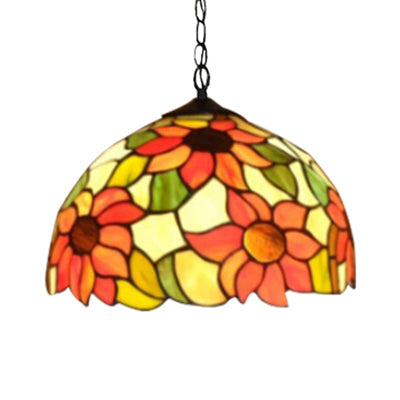 Tiffany-Style Black Hand Cut Glass Pendant Ceiling Light with Sunflower Pattern – 12"/16" Wide Domed Hanging Lamp – 1 Bulb [Choose from A/B/C/D]