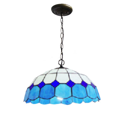 Blue Stained Glass Pendant Lamp: Elegant Mediterranean Hanging Light for Dining Room (2 Bulbs Included)