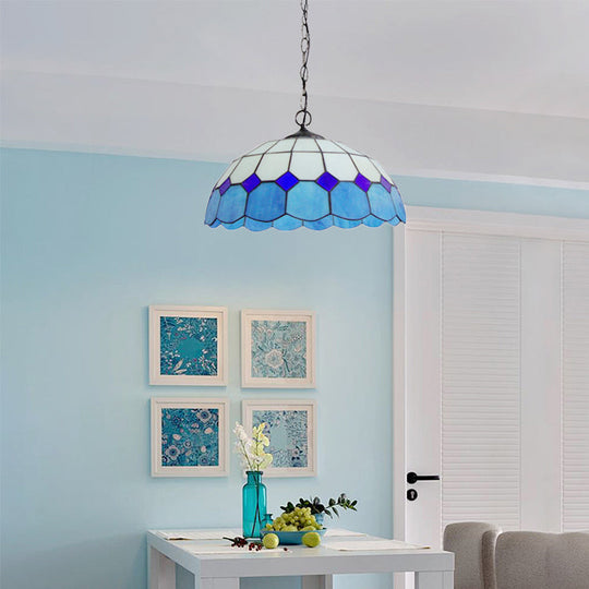 Blue Stained Glass Pendant Lamp: Elegant Mediterranean Hanging Light for Dining Room (2 Bulbs Included)