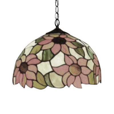 Tiffany-Style Black Hand Cut Glass Pendant Ceiling Light with Sunflower Pattern – 12"/16" Wide Domed Hanging Lamp – 1 Bulb [Choose from A/B/C/D]