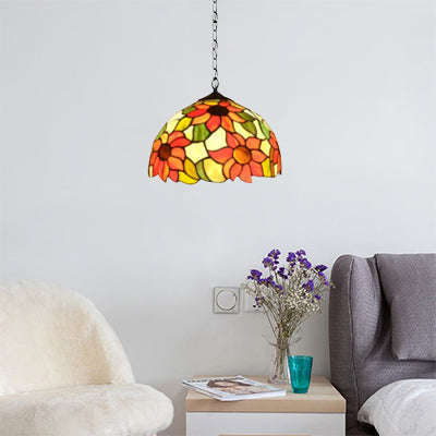 Tiffany-Style Sunflower Pattern Dome Pendant Ceiling Light - Hand Cut Glass 12/16 1 Bulb Black / 16