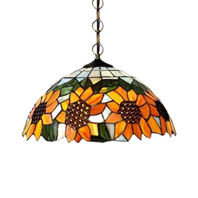 Tiffany-Style Black Hand Cut Glass Pendant Ceiling Light with Sunflower Pattern – 12"/16" Wide Domed Hanging Lamp – 1 Bulb [Choose from A/B/C/D]