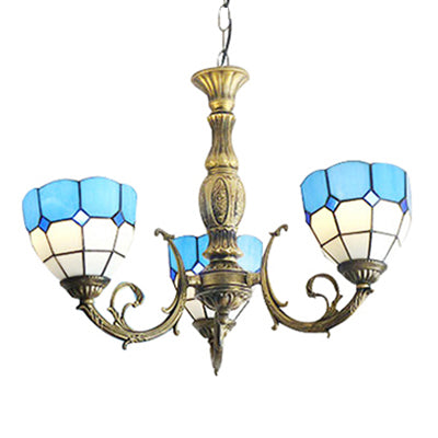 Blue Tiffany Stained Glass 3-Light Chandelier with Bowl Shade