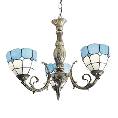 Tiffany Stained Glass Blue Chandelier - 3-Light Fixture With Bowl Shades