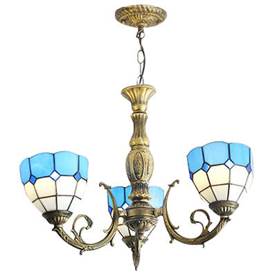 Tiffany Stained Glass Blue Chandelier - 3-Light Fixture With Bowl Shades