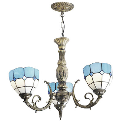 Blue Tiffany Stained Glass 3-Light Chandelier with Bowl Shade