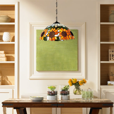 Tiffany-Style Sunflower Pattern Dome Pendant Ceiling Light - Hand Cut Glass 12/16 1 Bulb Black