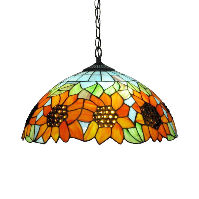 Tiffany-Style Black Hand Cut Glass Pendant Ceiling Light with Sunflower Pattern – 12"/16" Wide Domed Hanging Lamp – 1 Bulb [Choose from A/B/C/D]