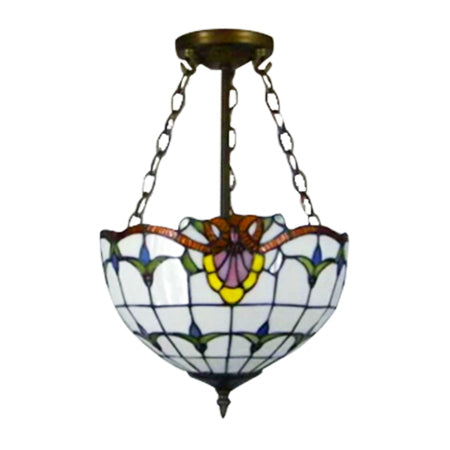 Rustic Stained Glass Bowl Shape Semi Flush Light - White Tulip Mount