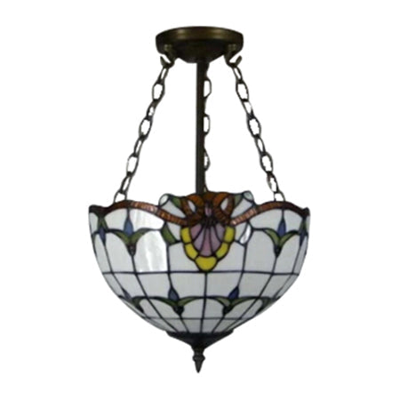 Rustic Stained Glass Bowl Shape Semi Flush Light - White Tulip Mount