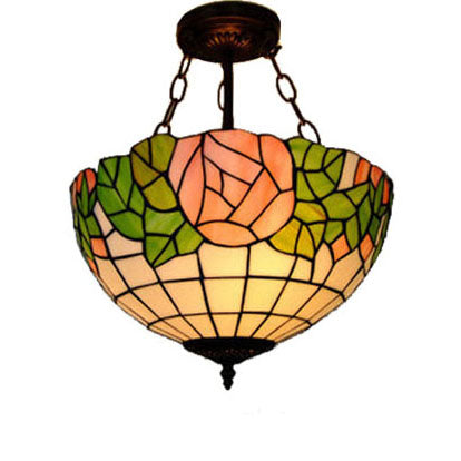 Stylish Tiffany-Style Bowl Pendant Lighting with 3 Lights - Pink and Green Glass, Rose Pattern