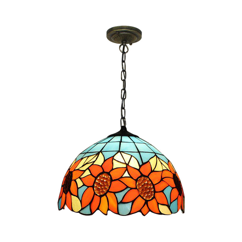 Tiffany-Style Black Hand Cut Glass Pendant Ceiling Light with Sunflower Pattern – 12"/16" Wide Domed Hanging Lamp – 1 Bulb [Choose from A/B/C/D]