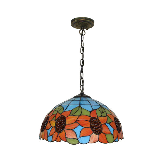 Tiffany-Style Black Hand Cut Glass Pendant Ceiling Light with Sunflower Pattern – 12"/16" Wide Domed Hanging Lamp – 1 Bulb [Choose from A/B/C/D]