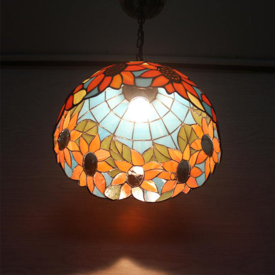 Tiffany-Style Sunflower Pattern Dome Pendant Ceiling Light - Hand Cut Glass 12/16 1 Bulb Black