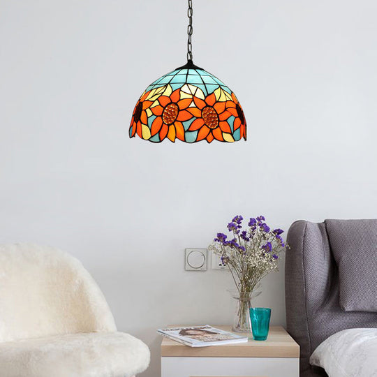 Tiffany-Style Sunflower Pattern Dome Pendant Ceiling Light - Hand Cut Glass 12/16 1 Bulb Black / 12