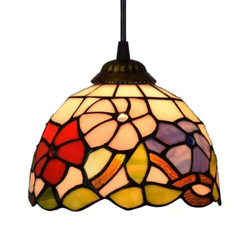 Tiffany Handcrafted Flower Pattern Dome Ceiling Light - 1 Head, Black, 8"/12"/16" Width