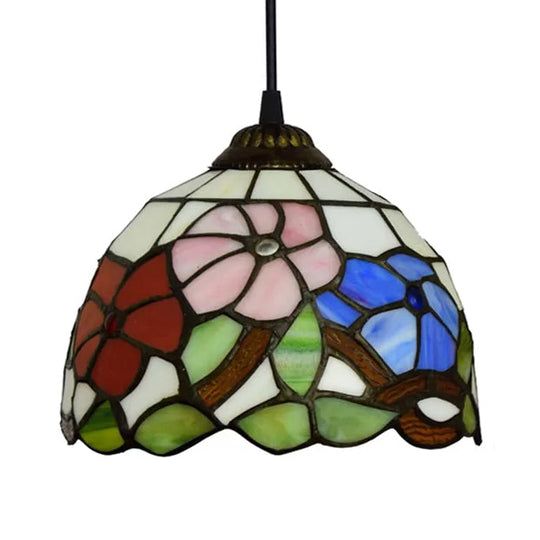 Tiffany Handcrafted Flower Pattern Dome Ceiling Light - 1 Head, Black, 8"/12"/16" Width