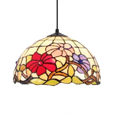 Tiffany Handcrafted Flower Pattern Dome Ceiling Light - 1 Head, Black, 8"/12"/16" Width