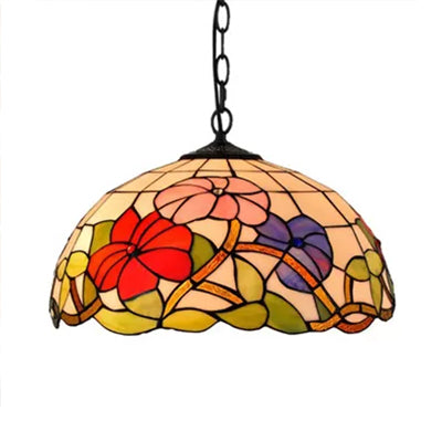 Tiffany Dome Ceiling Light - Handcrafted Art Glass Hanging Fixture With Flower Pattern 8/12/16 Wide