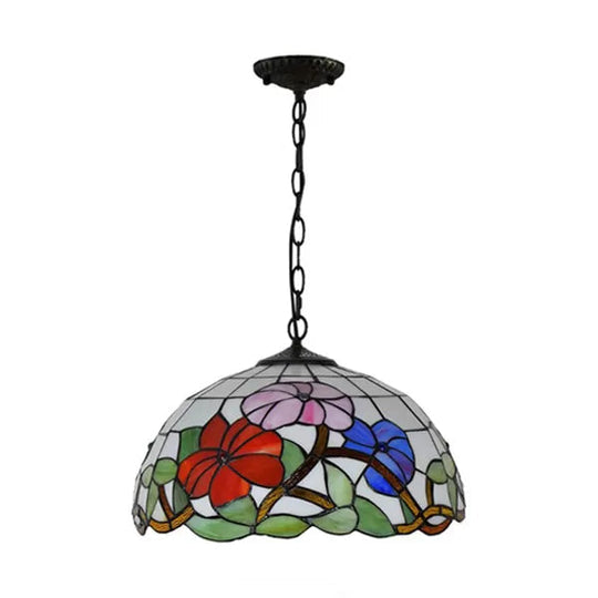 Tiffany Handcrafted Flower Pattern Dome Ceiling Light - 1 Head, Black, 8"/12"/16" Width