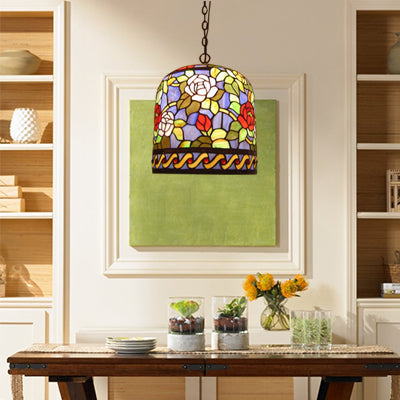 Stained Glass Bell Pendant Lamp – Tiffany Style, Purple-Red with 1 Bulb