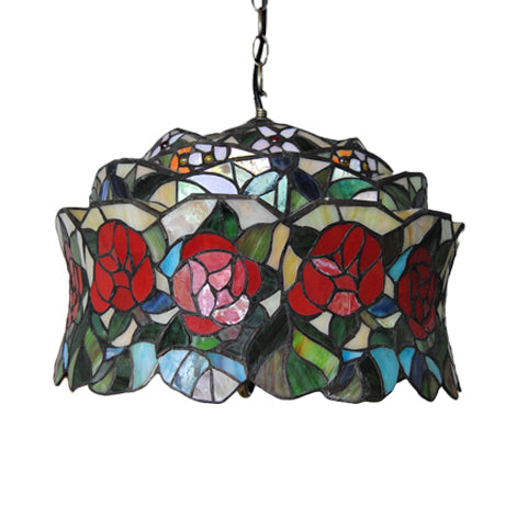 Victorian Red Stained Glass Drum Hanging Lamp Pendant Light Kit - Set of 3 Bulbs, Perfect for Living Room