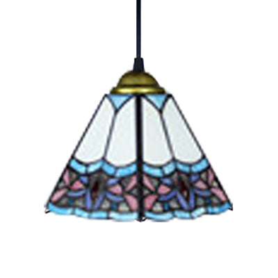 Mediterranean Purplish Blue Stained Glass Pendant Light for Bedroom Ceiling - Wide Flare Shade