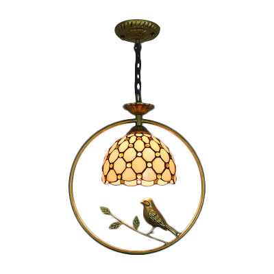 Tiffany-Style Dome Suspended Ceiling Light – Stainless Glass Pendant Lamp with Bird Accent