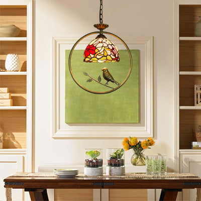 Victorian Style Domed Pendant Lighting With Stainless Glass Brass Ring And Bird Accent - 1 Light