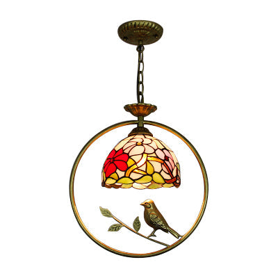 Victorian Style Domed Pendant Ceiling Light with Stainless Glass, Brass Ring, and Bird Accent