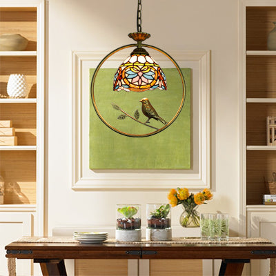 Tiffany Style Dome Pendant Lamp With Bird Accent In Beige