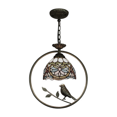 Tiffany Style Dome Suspension Lamp - Elegant Stainless Glass Pendant Lighting with Bird Accent